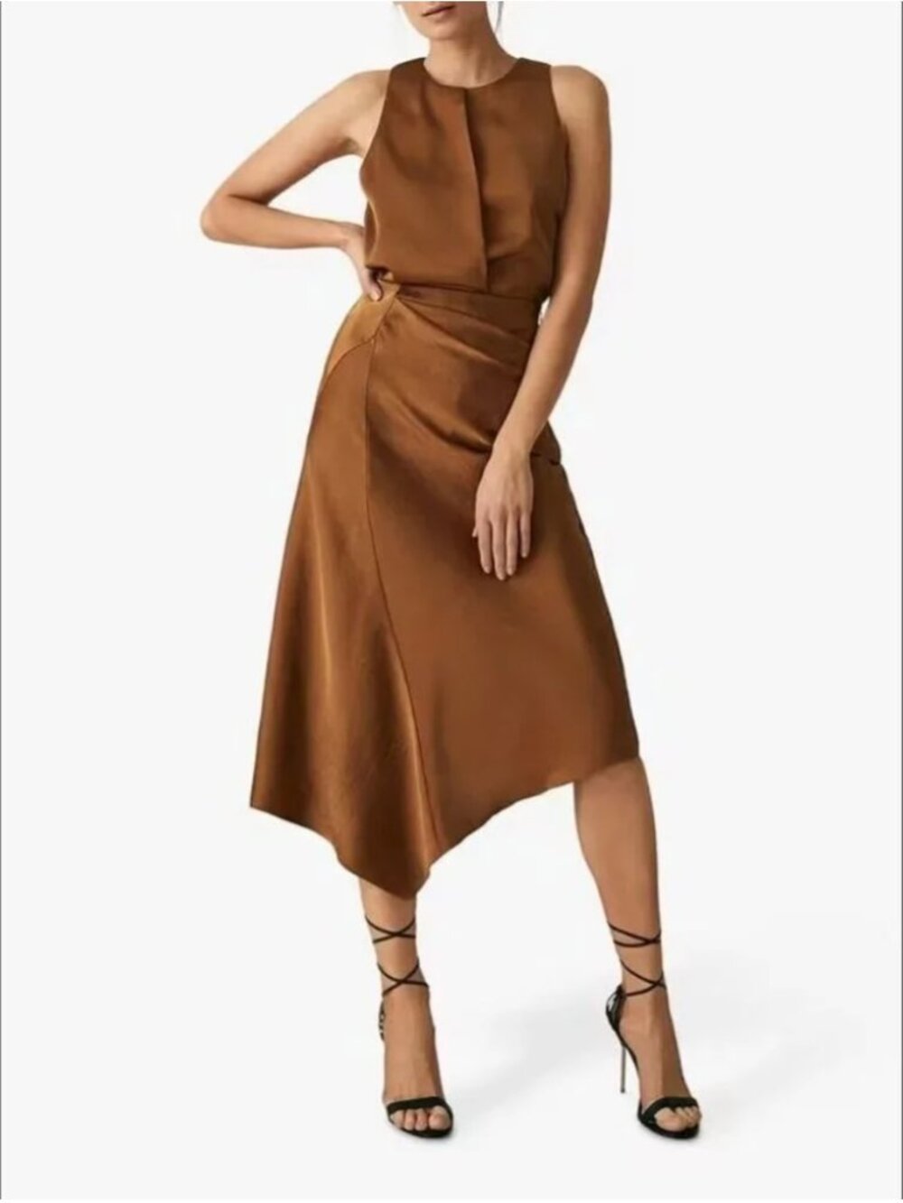 REISS Aspen Asymmetric Satin Midi Skirt